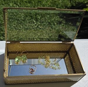 Nicole Miller Gold Glass Jewelry Box | Mirrored Display Case | Vanity Organizer